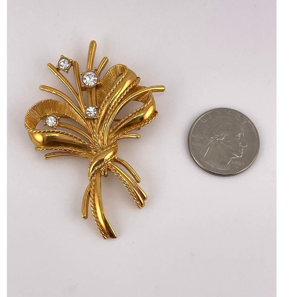 Vintage Gold‎ Tone With Diamond Rhinestone Art Nouveau Flower Boquet Brooch - Picture 2 of 4
